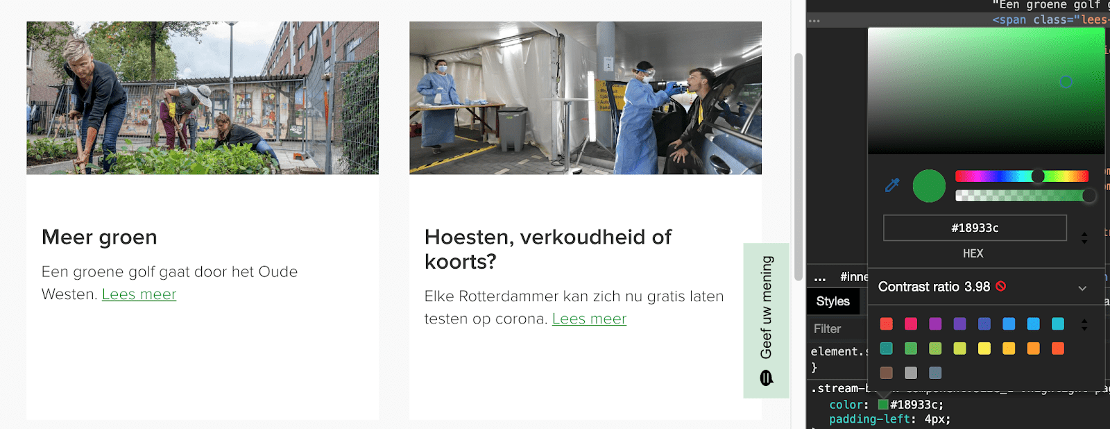 De contrast ratio van de tekst 'Lees meer' op Rotterdam.nl is niet voldoende.