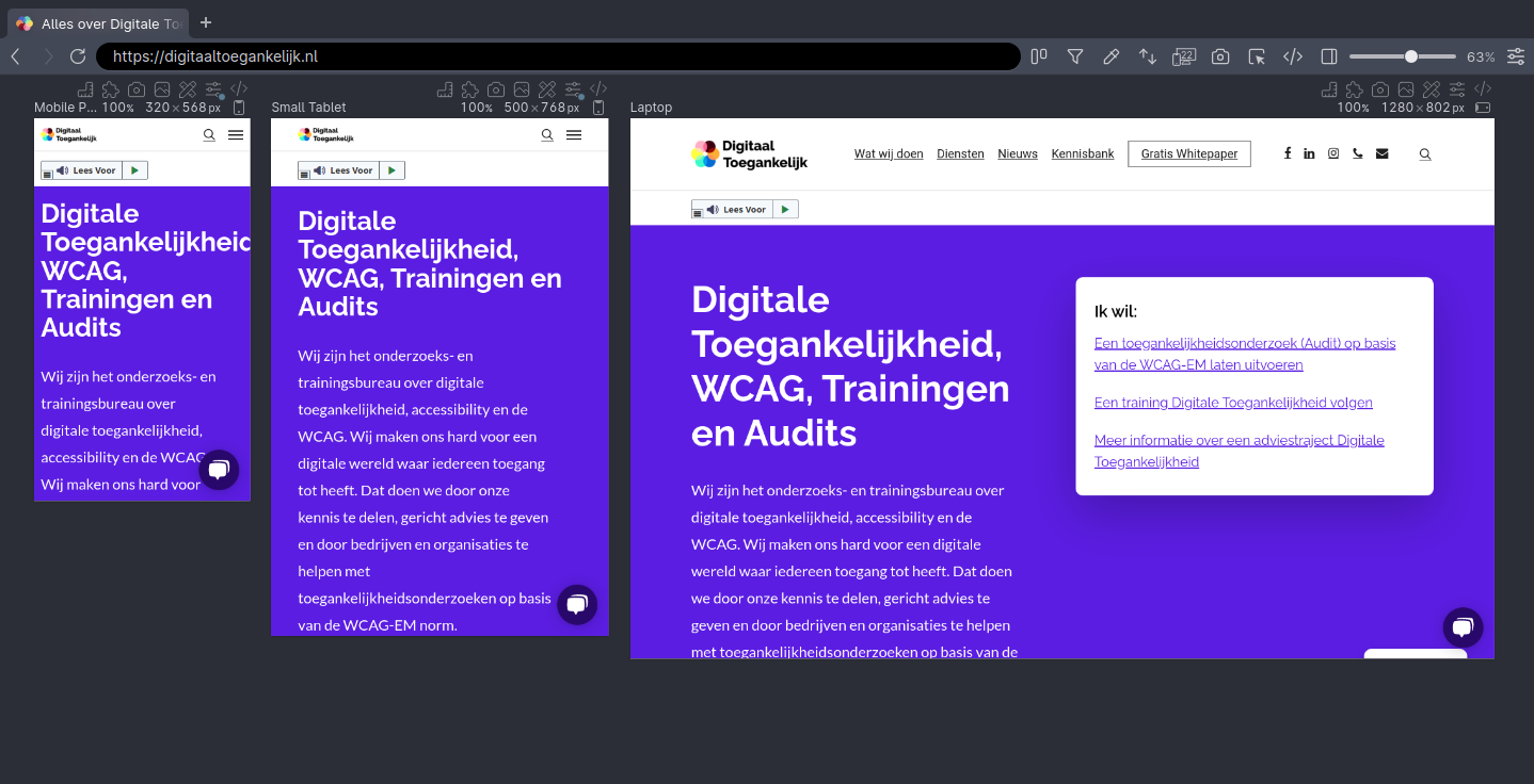 Screenshot van Polypane met daarin drie versies van digitaaltoegankelijk.nl, mobiel, tablet en desktop