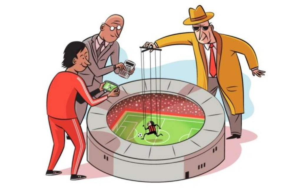 Op deze deze cartoon zie je een voetbalstadion en daaromheen drie poppetjes die samen laten zien dat ze alles in en om het stadion besturen.