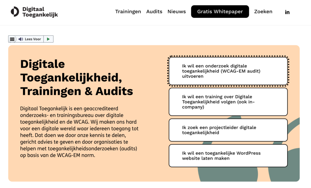Screenshot van Digitaaltoegankelijk.nl waar de focus zichtbaar is